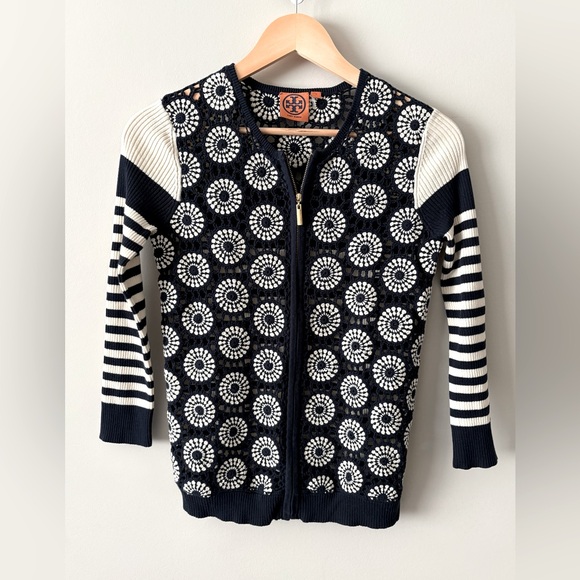 Tory Burch Sweaters - Tory Burch Crochet & Stripe Zip Cardigan – Size Small